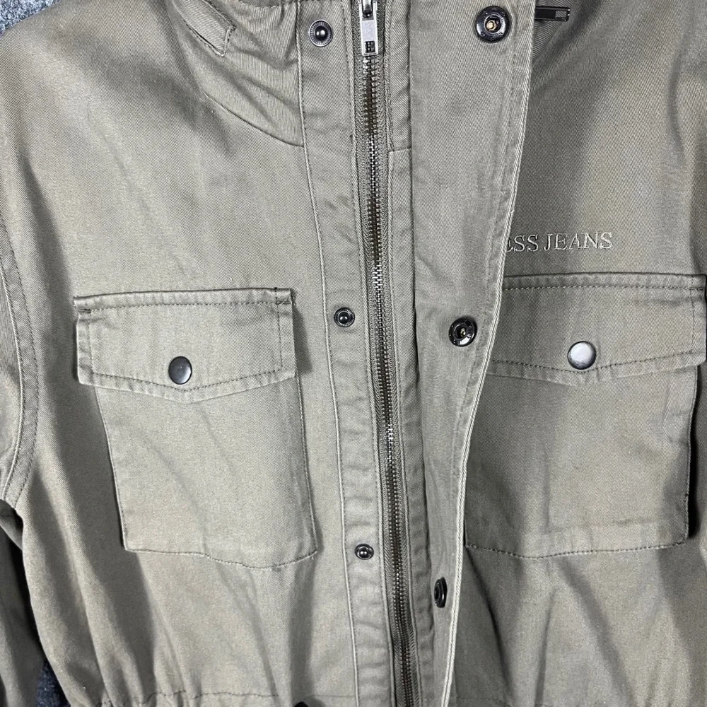 Guess Field Jacket Mens Small Olive Green Military Utility Packable Hood Cotton